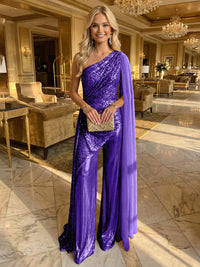 Jumpsuit One-Shoulder Metallic Mixed Evening Dresses with Drape