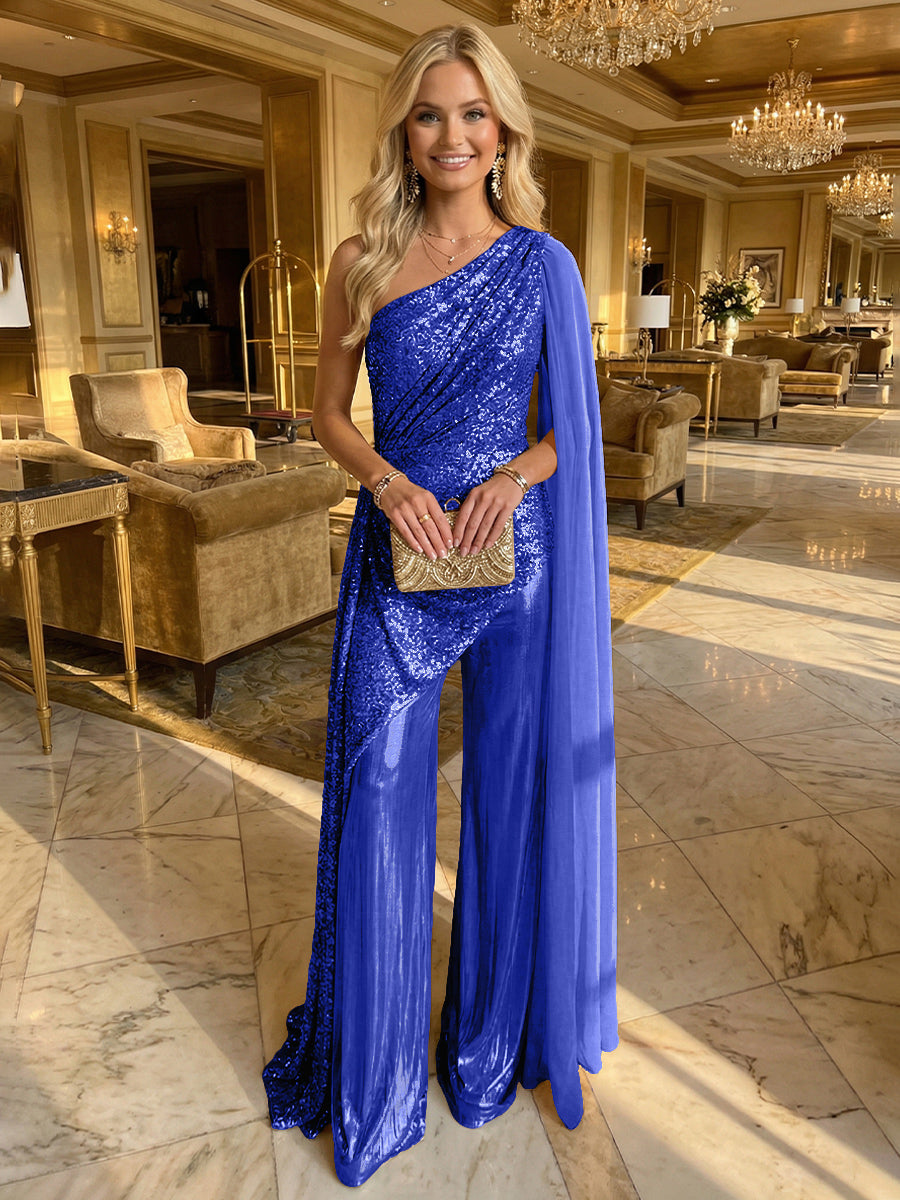 Jumpsuit One-Shoulder Metallic Mixed Evening Dresses with Drape