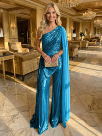 Jumpsuit One-Shoulder Metallic Mixed Evening Dresses with Drape