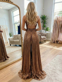 Jumpsuit Halter Metallic Sleeveless Long Formal Dresses with Pleats