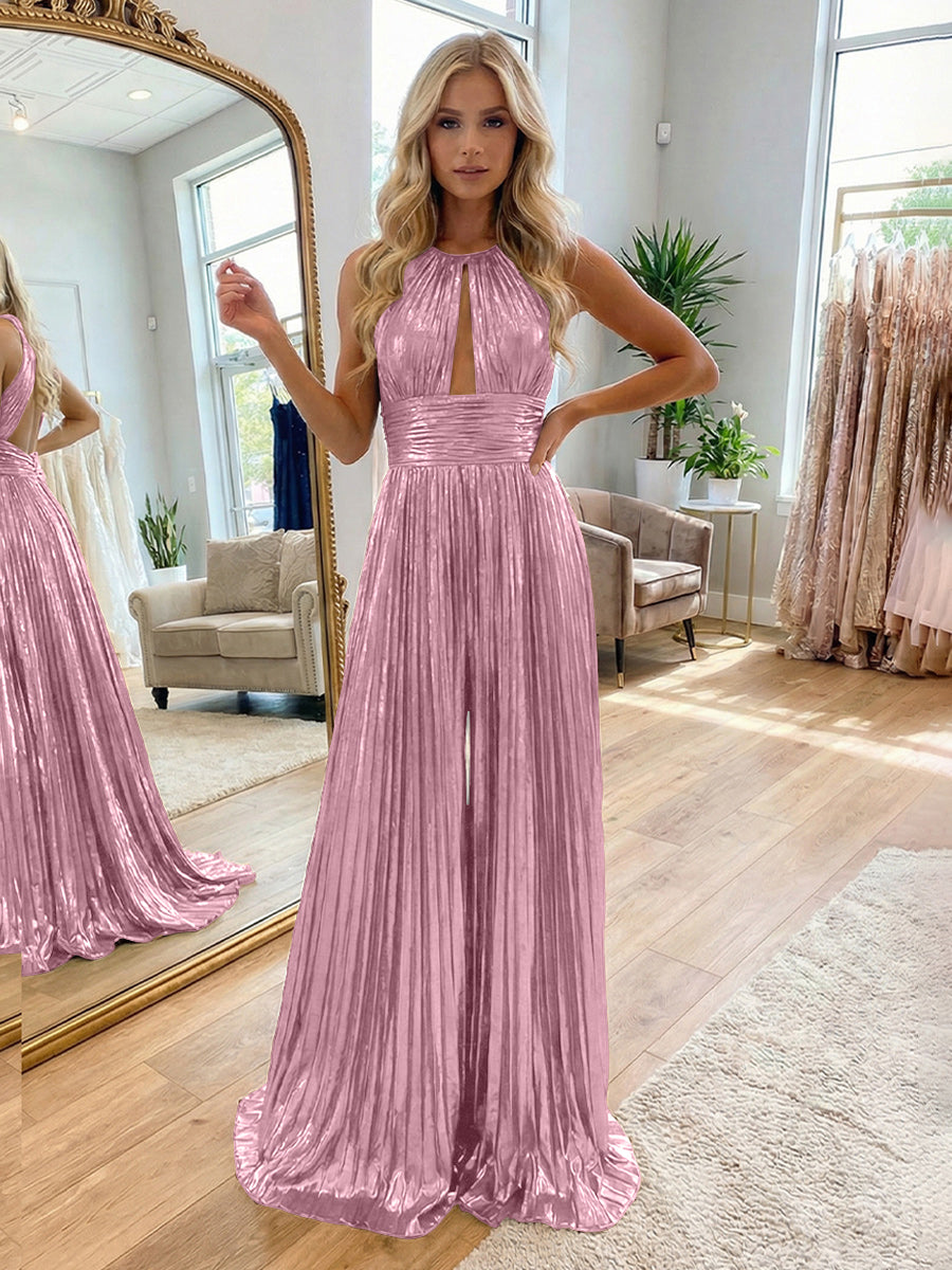 Jumpsuit Halter Metallic Sleeveless Long Formal Dresses with Pleats