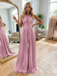 Jumpsuit Halter Metallic Sleeveless Long Formal Dresses with Pleats
