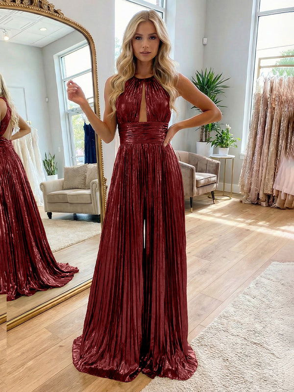 Jumpsuit Halter Metallic Sleeveless Long Formal Dresses with Pleats