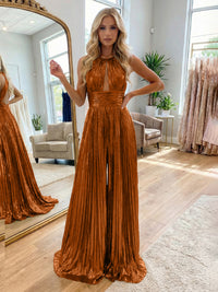 Jumpsuit Halter Metallic Sleeveless Long Formal Dresses with Pleats