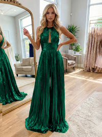 Jumpsuit Halter Metallic Sleeveless Long Formal Dresses with Pleats