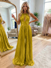 Jumpsuit Halter Metallic Sleeveless Long Formal Dresses with Pleats