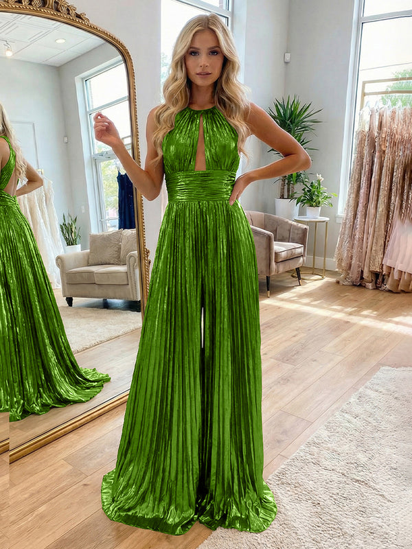 Jumpsuit Halter Metallic Sleeveless Long Formal Dresses with Pleats