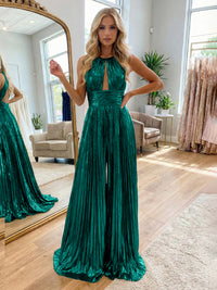 Jumpsuit Halter Metallic Sleeveless Long Formal Dresses with Pleats