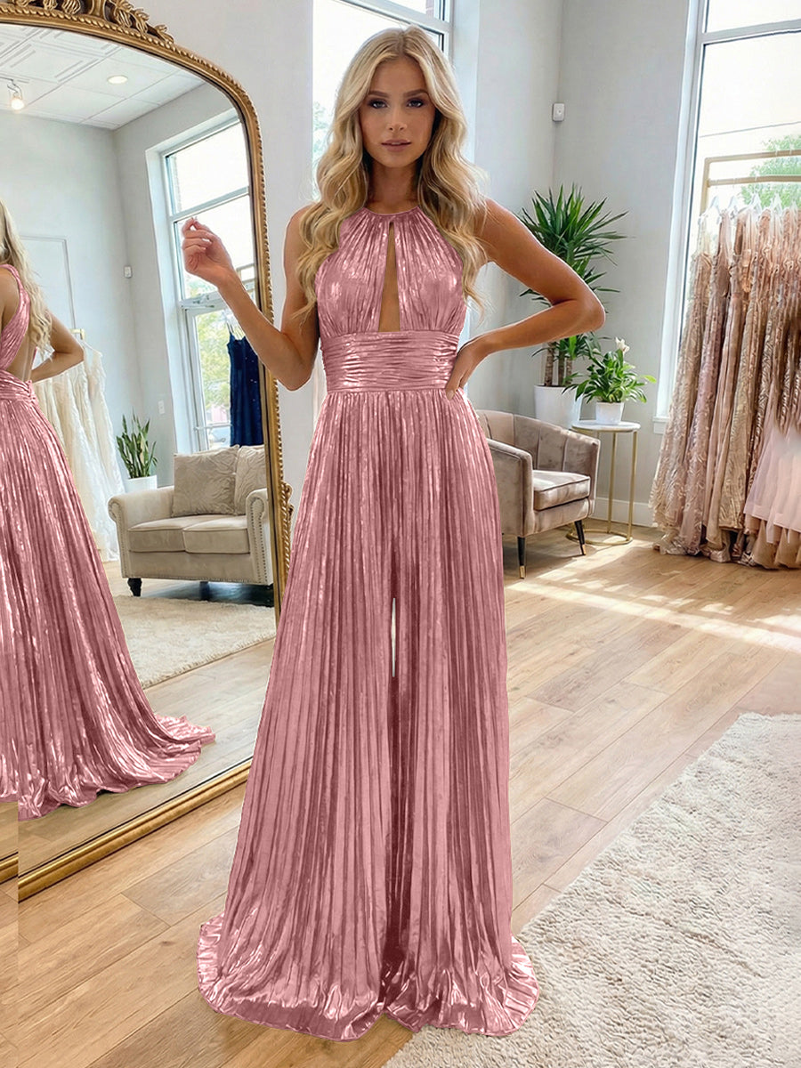Jumpsuit Halter Metallic Sleeveless Long Formal Dresses with Pleats