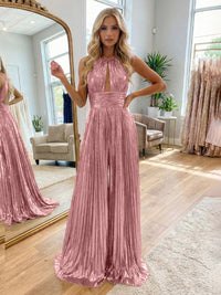 Jumpsuit Halter Metallic Sleeveless Long Formal Dresses with Pleats