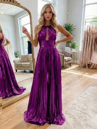 Jumpsuit Halter Metallic Sleeveless Long Formal Dresses with Pleats