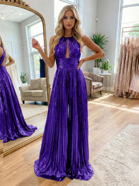 Jumpsuit Halter Metallic Sleeveless Long Formal Dresses with Pleats