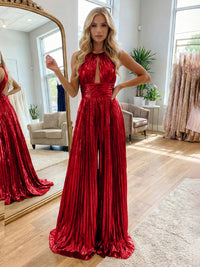 Jumpsuit Halter Metallic Sleeveless Long Formal Dresses with Pleats