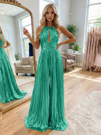 Jumpsuit Halter Metallic Sleeveless Long Formal Dresses with Pleats