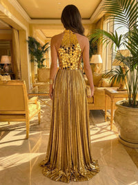 Sparkling A Line Halter Acrylic Floor Length Formal Evening Dresses with Pleats