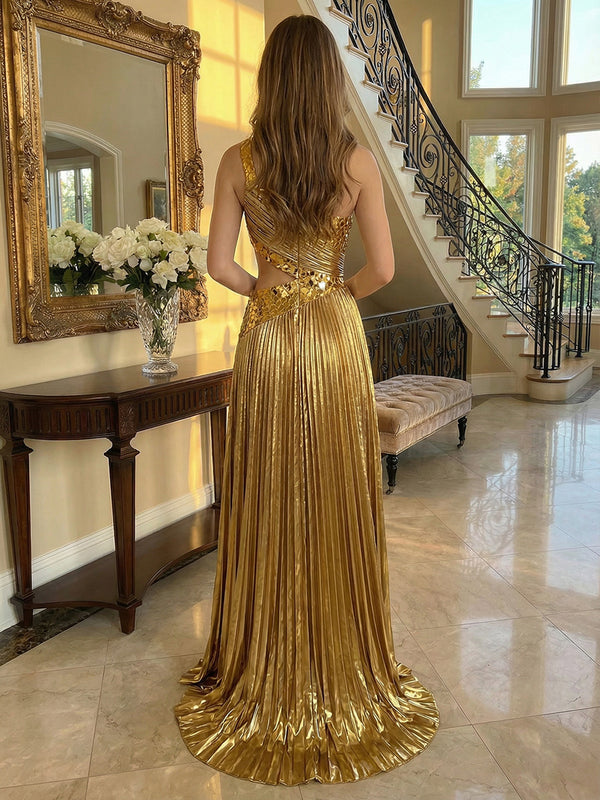 2026 Gold Evening Formal Dresses with Cut Out Crystal A-Line Princess One-Shoulder Acrylic Long Pleated Formal Wedding Guest Dresses 2026 Gold Evening Formal Dresses with Cut Out Crystal A-Line Princess One-Shoulder Acrylic Long Pleated Formal Wedding Guest Dresses