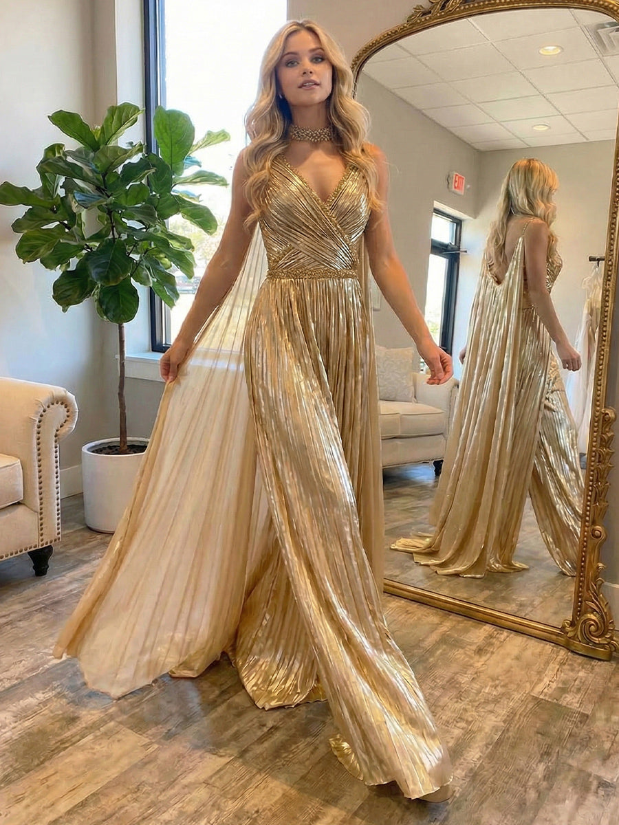 Metallic Jumpsuit Sleeveless Ruched Long Evening Formal Dresses with Drape