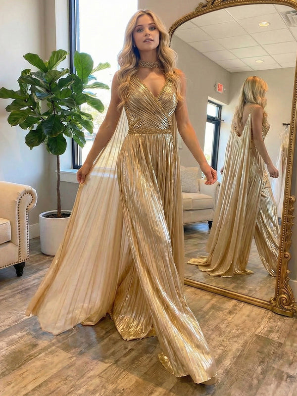Metallic Jumpsuit Sleeveless Ruched Long Evening Formal Dresses with Drape