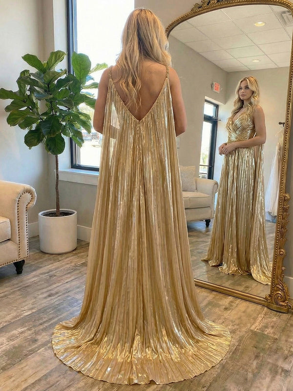 Metallic Jumpsuit Sleeveless Ruched Long Evening Formal Dresses with Drape