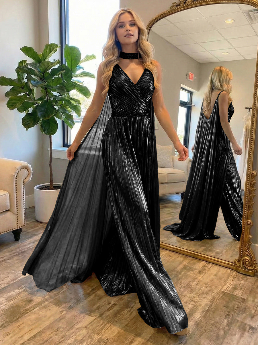 Metallic Jumpsuit Sleeveless Ruched Long Evening Formal Dresses with Drape