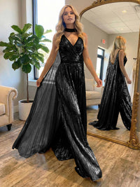 Metallic Jumpsuit Sleeveless Ruched Long Evening Formal Dresses with Drape