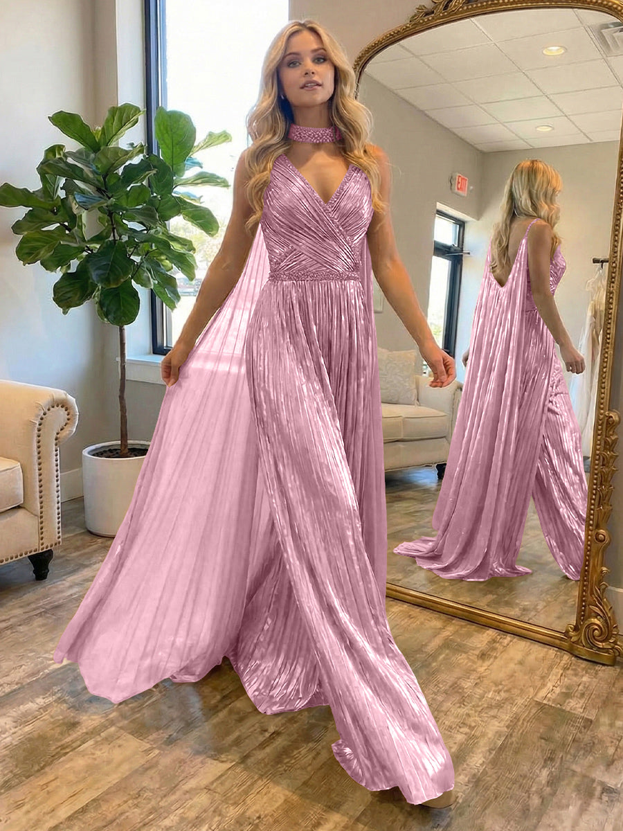 Metallic Jumpsuit Sleeveless Ruched Long Evening Formal Dresses with Drape