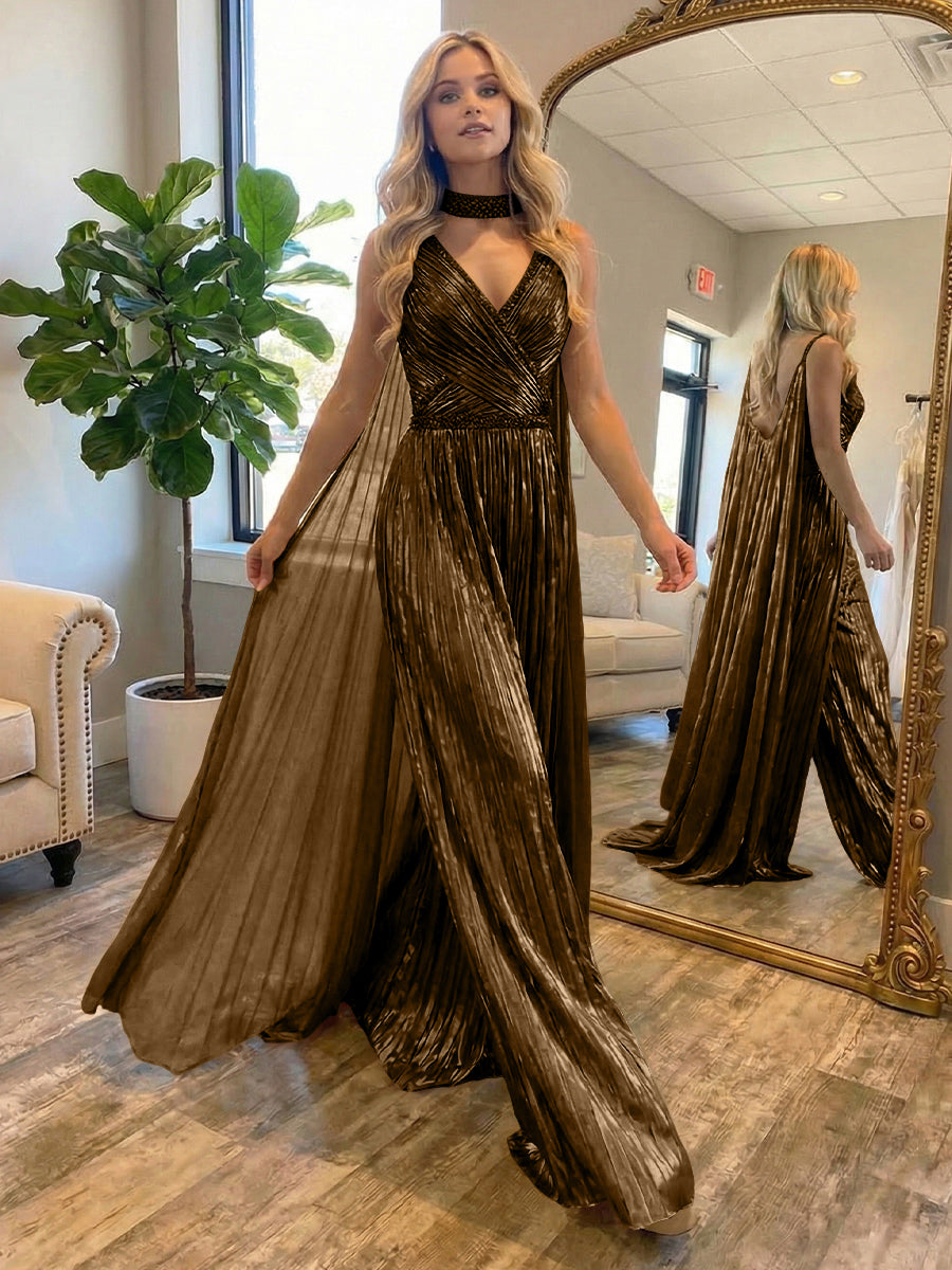 Metallic Jumpsuit Sleeveless Ruched Long Evening Formal Dresses with Drape