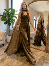 Metallic Jumpsuit Sleeveless Ruched Long Evening Formal Dresses with Drape