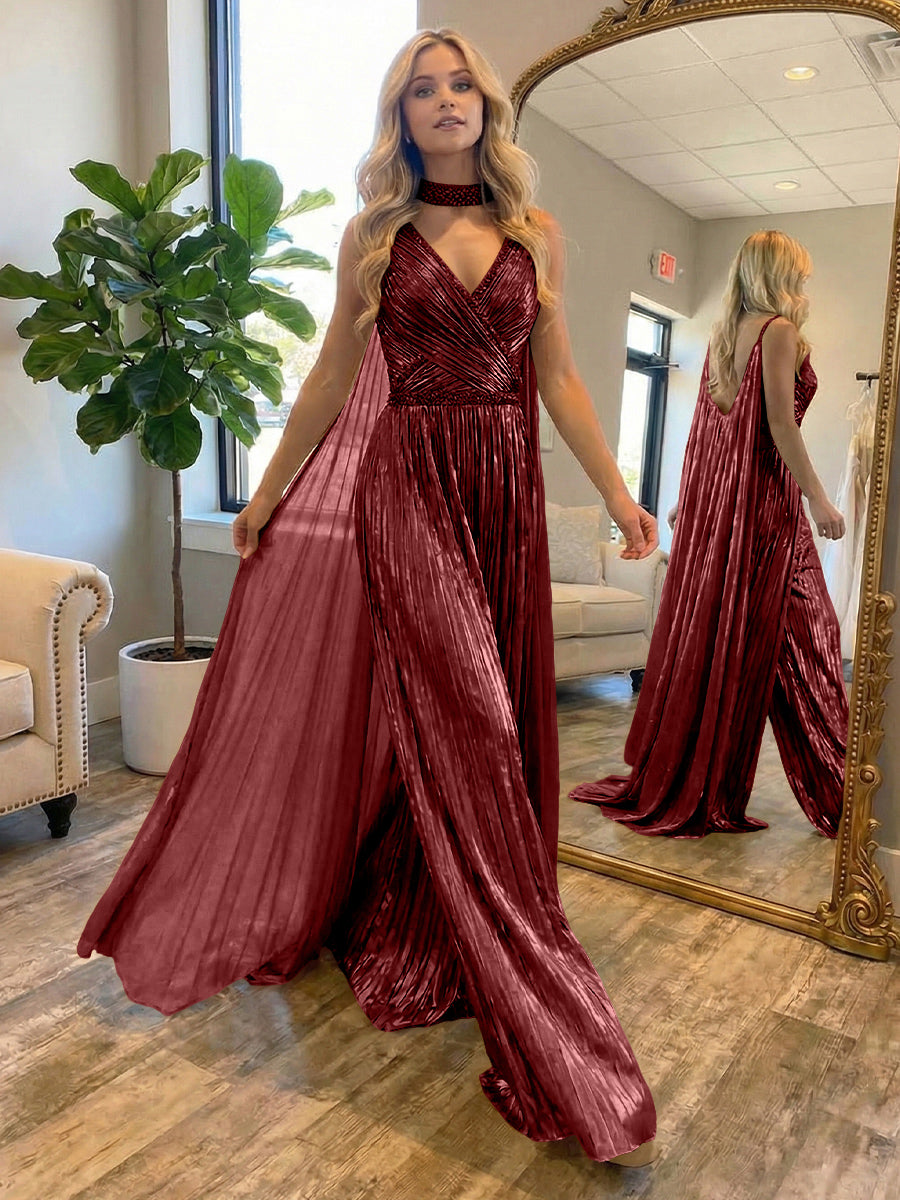 Metallic Jumpsuit Sleeveless Ruched Long Evening Formal Dresses with Drape