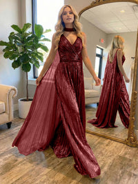 Metallic Jumpsuit Sleeveless Ruched Long Evening Formal Dresses with Drape