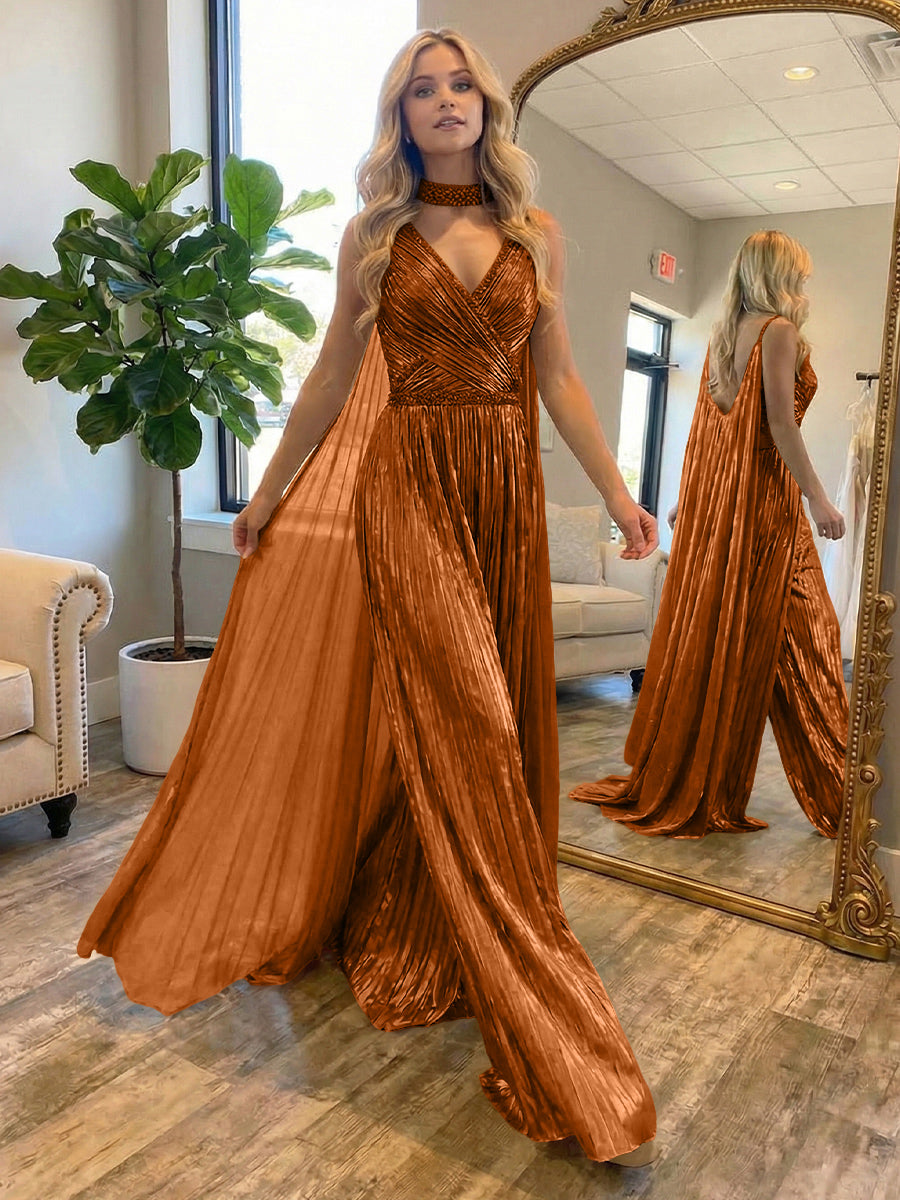 Metallic Jumpsuit Sleeveless Ruched Long Evening Formal Dresses with Drape