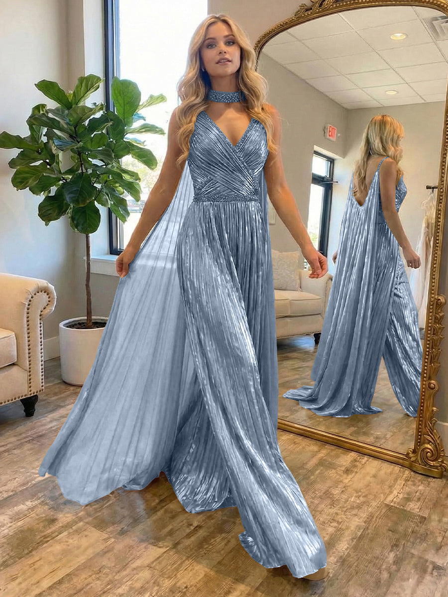 Metallic Jumpsuit Sleeveless Ruched Long Evening Formal Dresses with Drape