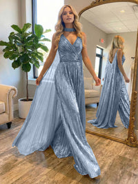 Metallic Jumpsuit Sleeveless Ruched Long Evening Formal Dresses with Drape