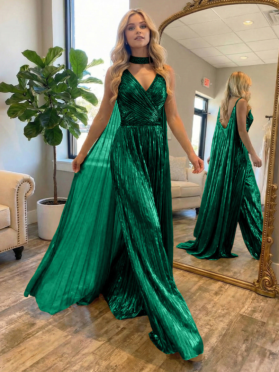 Metallic Jumpsuit Sleeveless Ruched Long Evening Formal Dresses with Drape