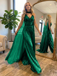 Metallic Jumpsuit Sleeveless Ruched Long Evening Formal Dresses with Drape