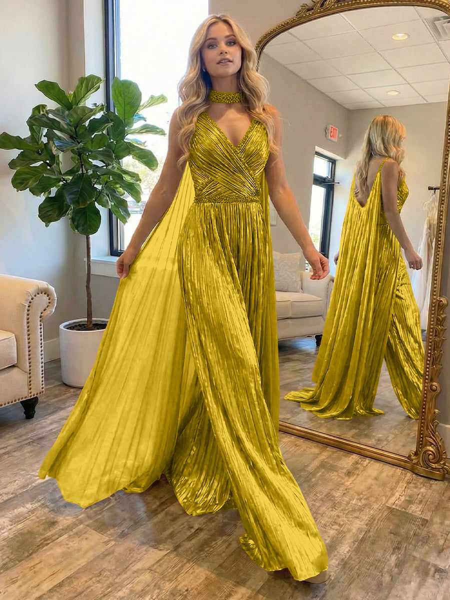 Metallic Jumpsuit Sleeveless Ruched Long Evening Formal Dresses with Drape
