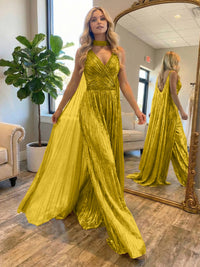 Metallic Jumpsuit Sleeveless Ruched Long Evening Formal Dresses with Drape