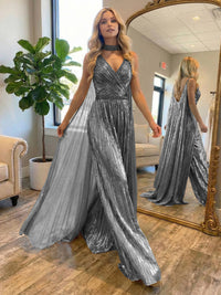 Metallic Jumpsuit Sleeveless Ruched Long Evening Formal Dresses with Drape