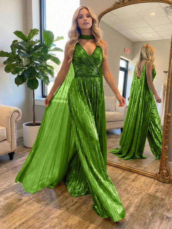 Metallic Jumpsuit Sleeveless Ruched Long Evening Formal Dresses with Drape