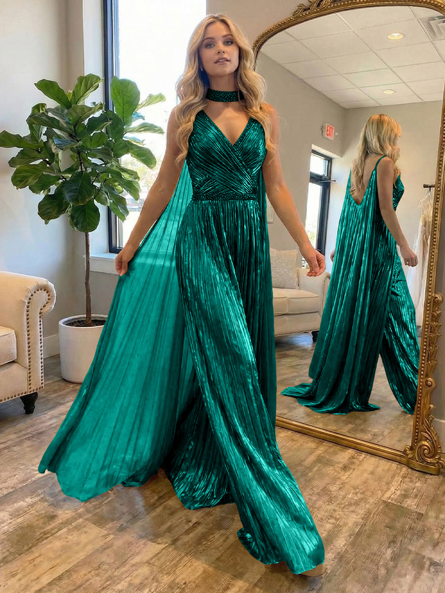 Metallic Jumpsuit Sleeveless Ruched Long Evening Formal Dresses with Drape