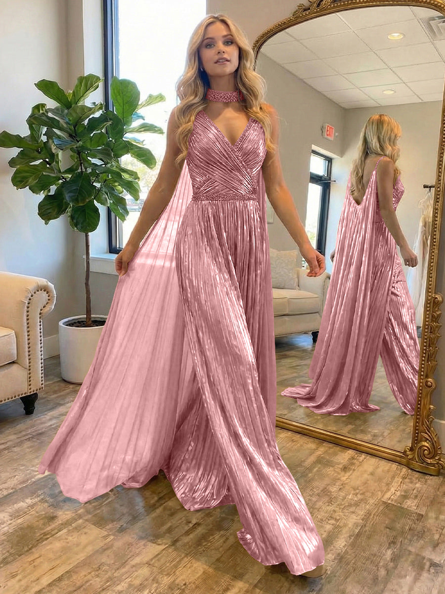 Metallic Jumpsuit Sleeveless Ruched Long Evening Formal Dresses with Drape
