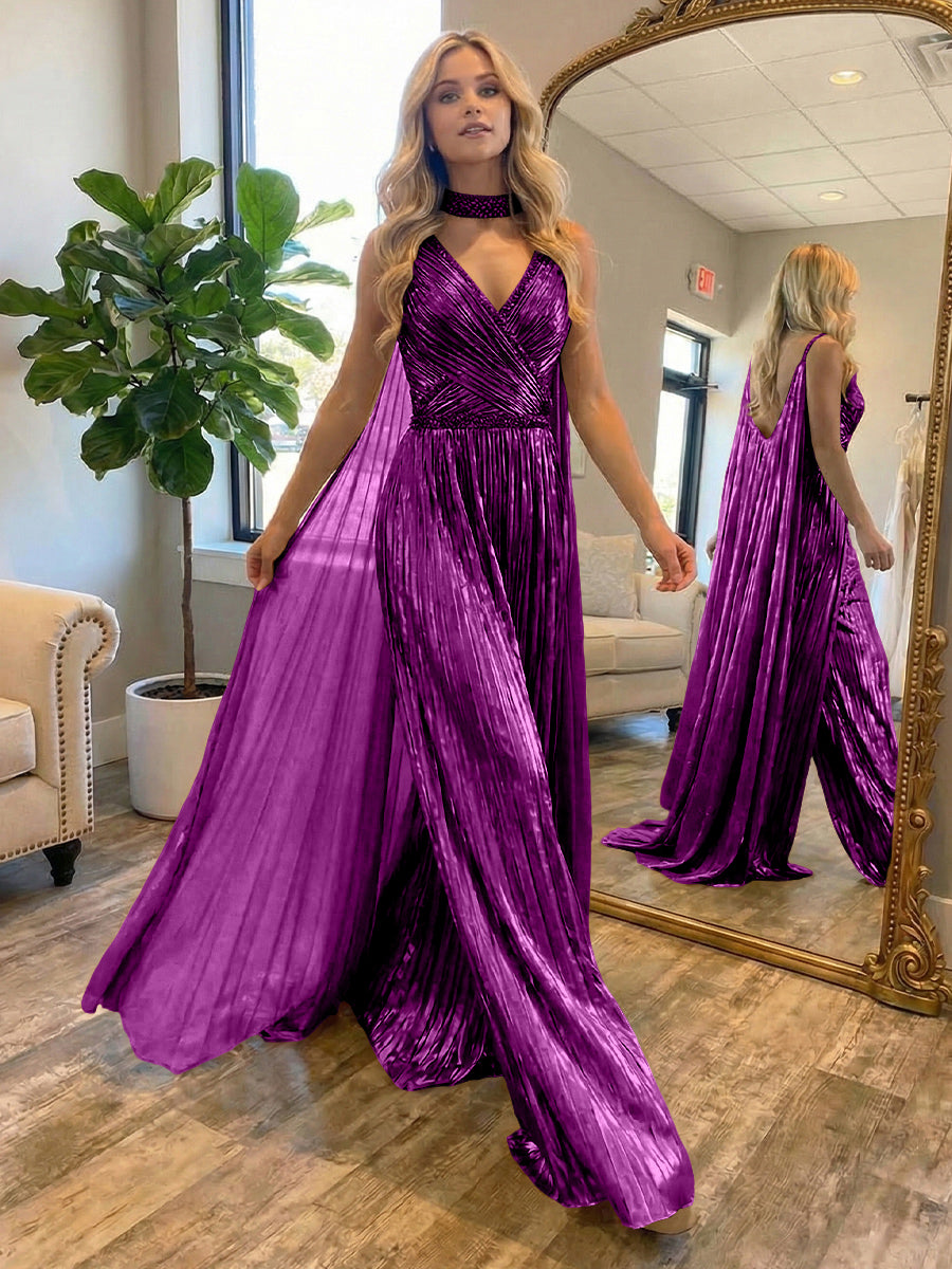 Metallic Jumpsuit Sleeveless Ruched Long Evening Formal Dresses with Drape