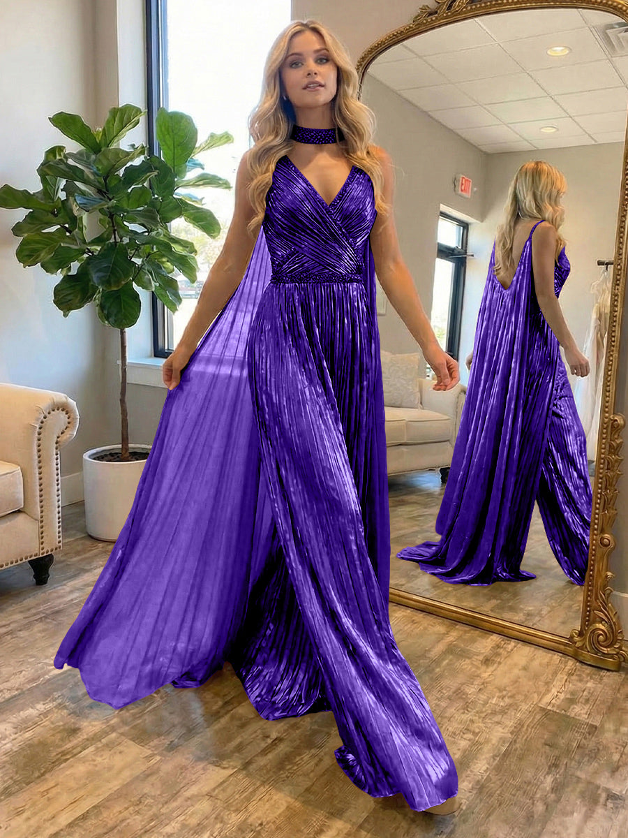 Metallic Jumpsuit Sleeveless Ruched Long Evening Formal Dresses with Drape