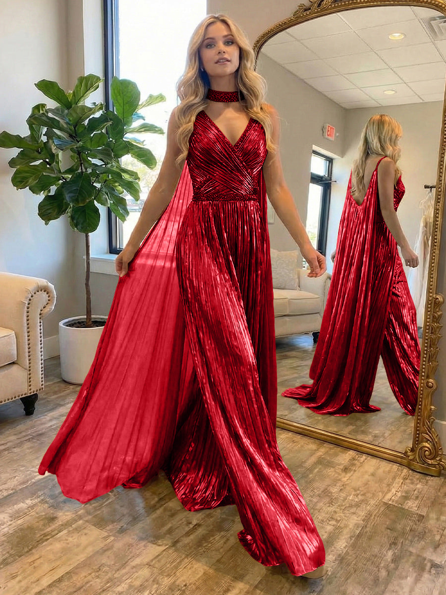 Metallic Jumpsuit Sleeveless Ruched Long Evening Formal Dresses with Drape
