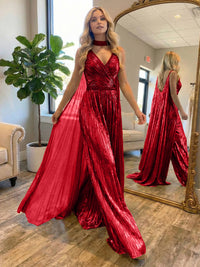 Metallic Jumpsuit Sleeveless Ruched Long Evening Formal Dresses with Drape