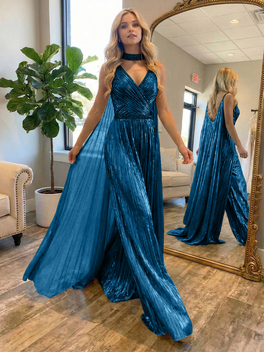 Metallic Jumpsuit Sleeveless Ruched Long Evening Formal Dresses with Drape