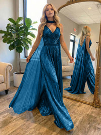 Metallic Jumpsuit Sleeveless Ruched Long Evening Formal Dresses with Drape