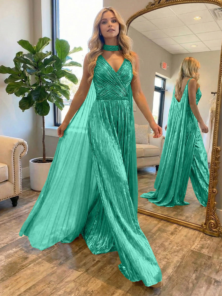Metallic Jumpsuit Sleeveless Ruched Long Evening Formal Dresses with Drape