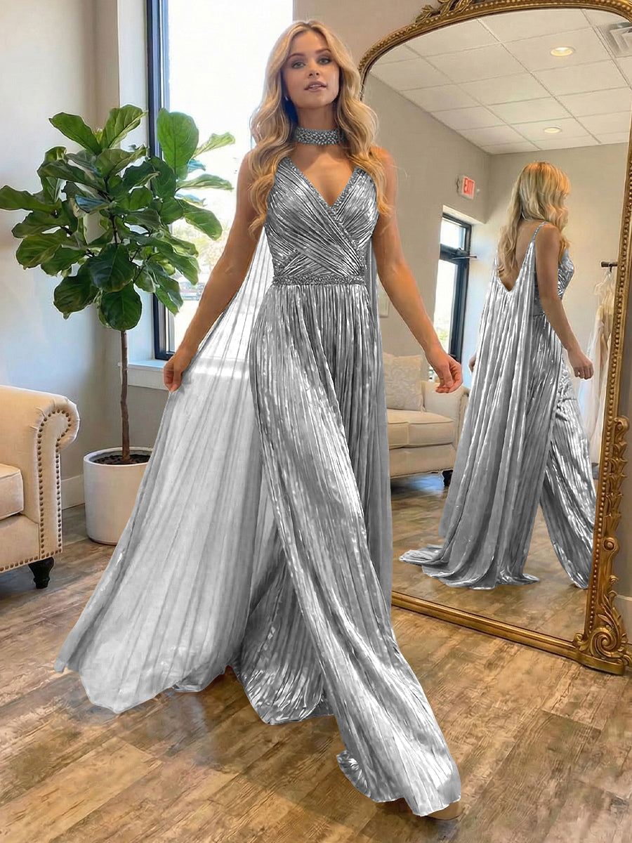 Metallic Jumpsuit Sleeveless Ruched Long Evening Formal Dresses with Drape