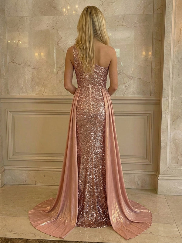 Sheath One Shoulder Sleeveless Long Formal Evening Dresses with Split Side
